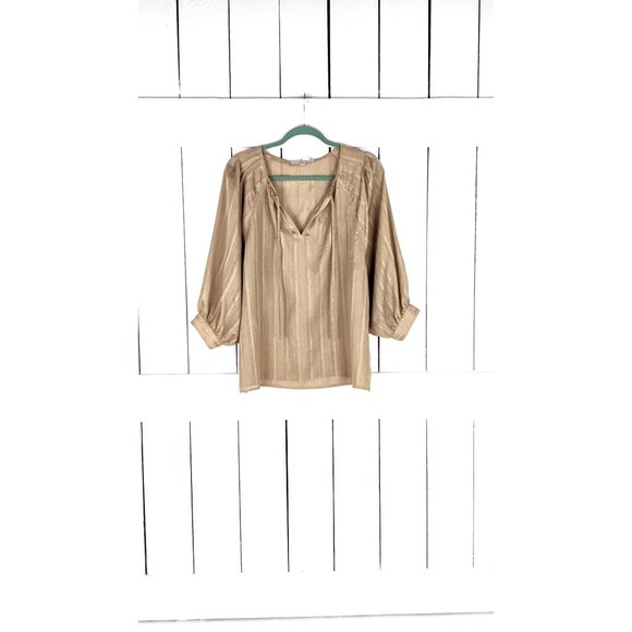 LOFT Tops - Loft Ann Taylor beige striped metallic thread billowy sleeve pullover blouse